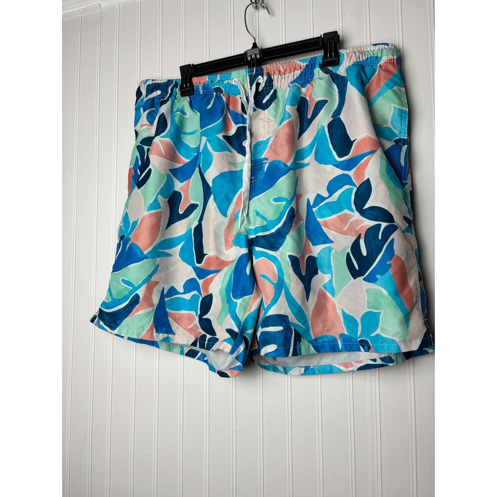 Old Navy Mens XXL Tropical Leaf Print Swim Trunks Blue Teal Pink Mesh Lined